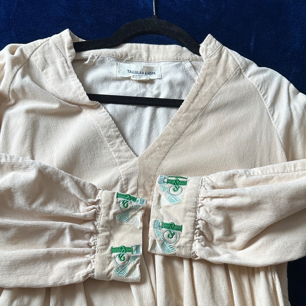 Tallulah & Hope Corduroy Beige V-Neck Dress with Green Embroidery - Picture 4 of 5